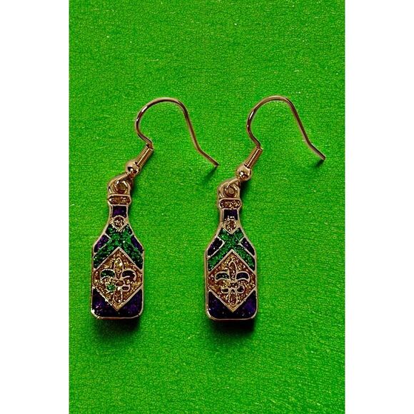 Mardi Gras Glitter Bottle Dangle Earrings - Picture 1 of 2